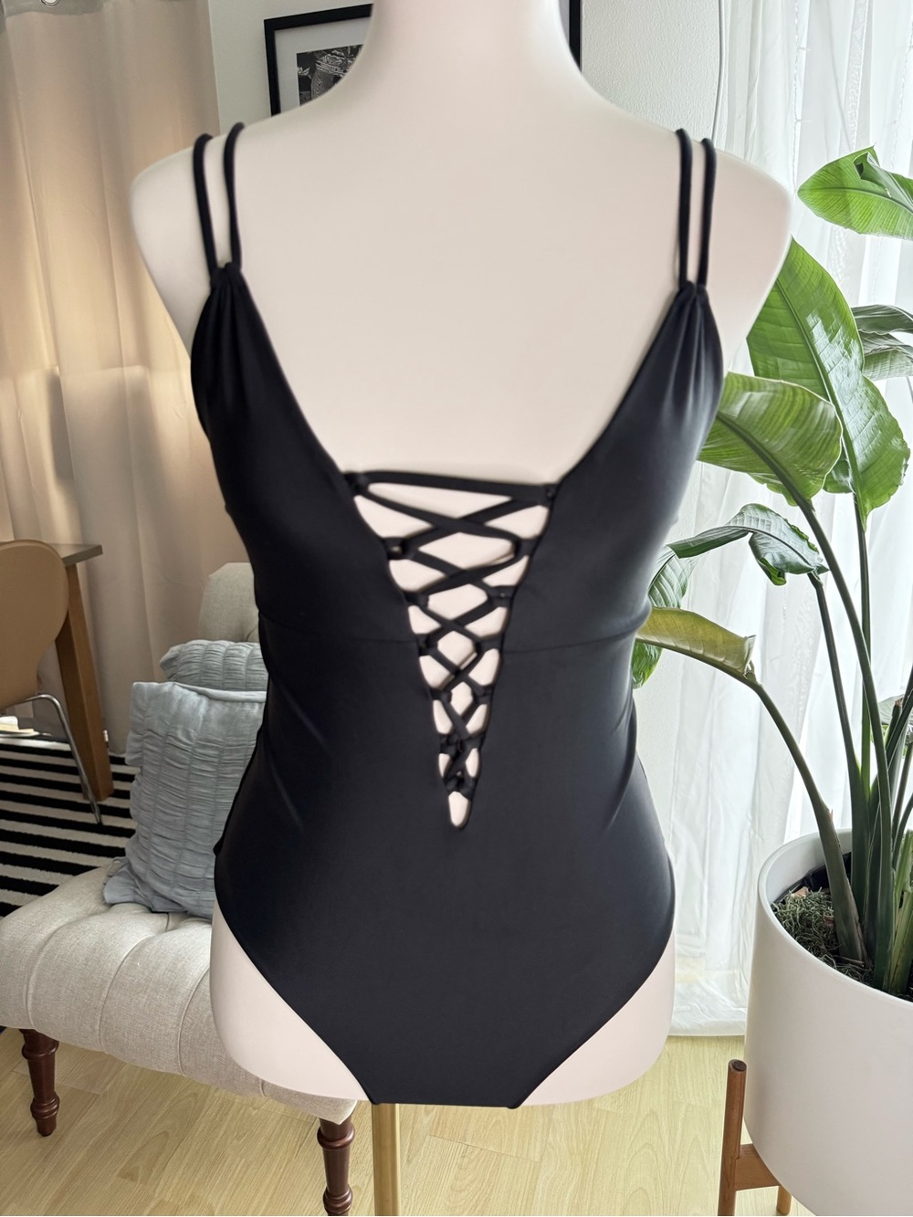 Cami and Jax Black Lace-Up Plunge One-Piece Swimsuit